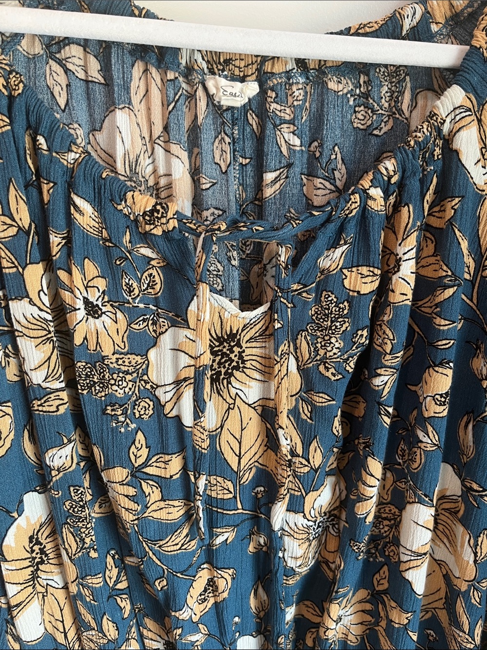 Easel Women's Blue Floral Peasant Blouse with Smocked Hem - Picture 3 of 5